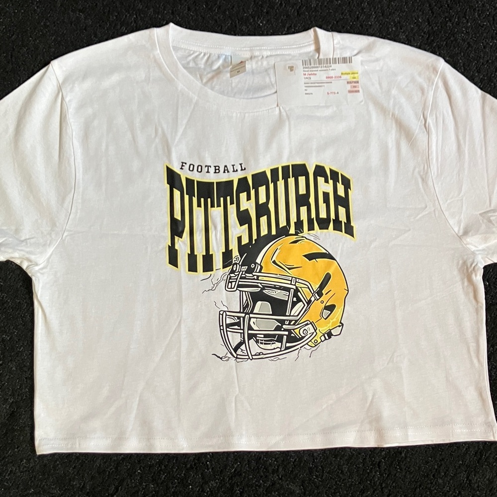 🏈 NWT PITTSBURGH STEELERS FOOTBALL WHITE CROPPED TEE SHIRT WOMENS SIZE MEDIUM